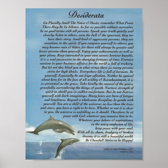 Desiderata-Dikt med uppspelning av delfiner Poster (Framsidan)