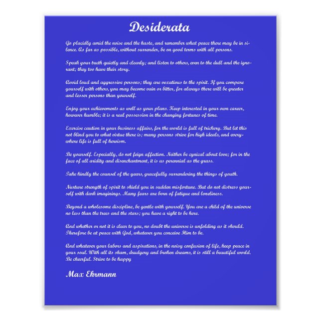 Desiderata dikt på blå bakgrund fototryck (Framsidan)