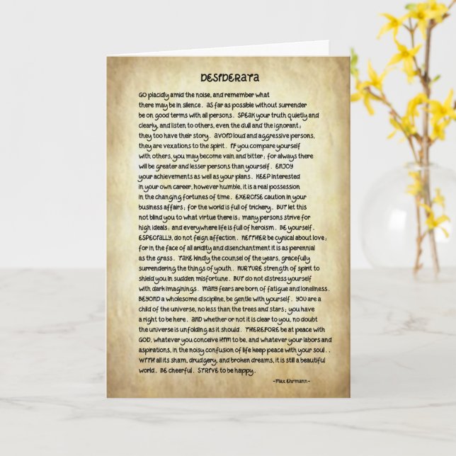 Desiderata-dikt på ett gratulationskort kort (Gul blomma)