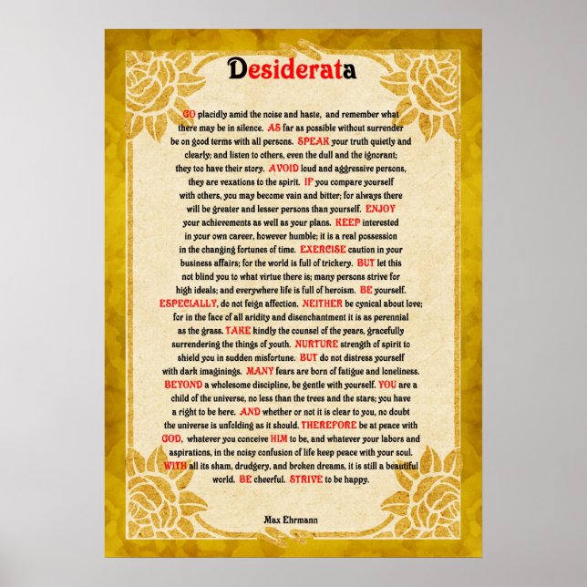 Desiderata Dikt på Vintagens Pappra Poster (Framsidan)