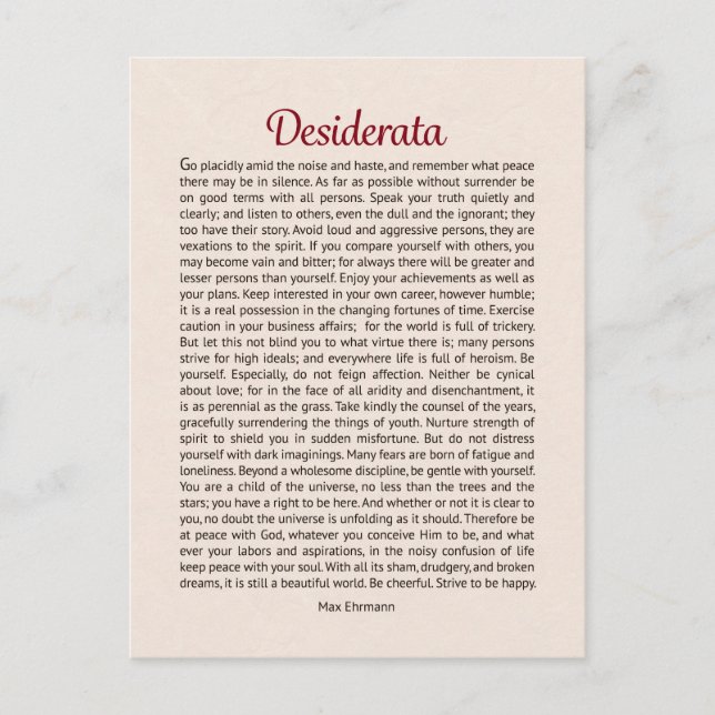 Desiderata Dikt vykort Mini Art (Framsida)