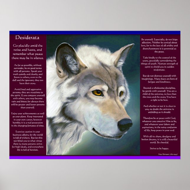 Desiderata från Max Ehrmann White varg Poster (Framsidan)