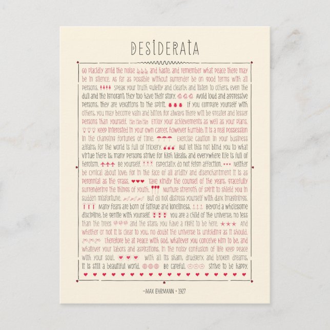 Desiderata Inspirational Dikt Vykort (Framsida)