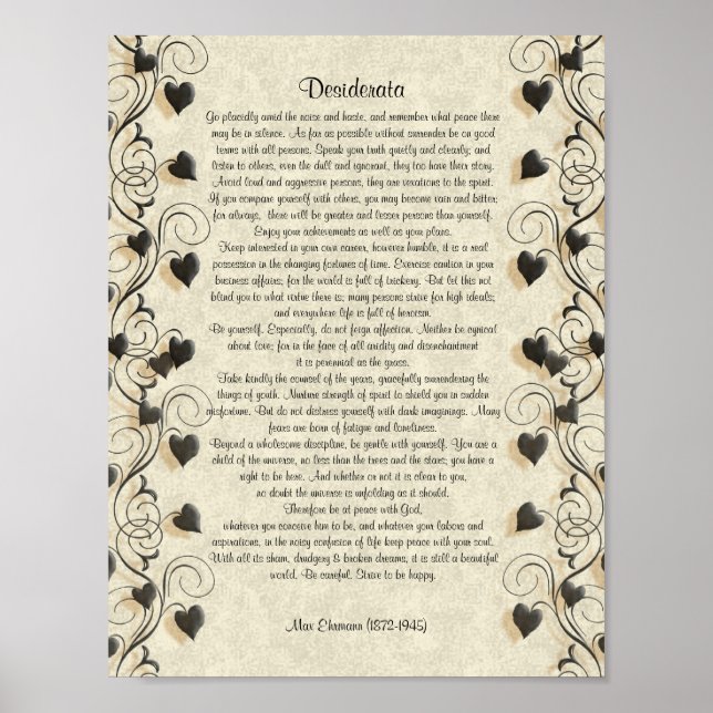 Desiderata "önskad sak", vallpros vid parchment poster (Framsidan)