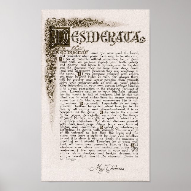DESIDERATA Poster av Max Ehrmann=Charcol (Framsidan)