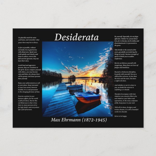 Desiderata små båtar som är bundna till en hamn på vykort (Framsida)