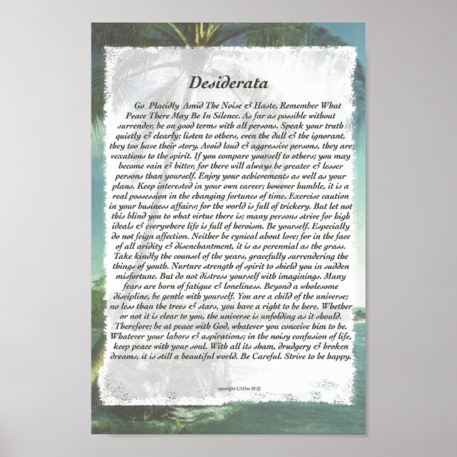 DESIDERATA, varsam Handflatan Beach Poster (Framsidan)