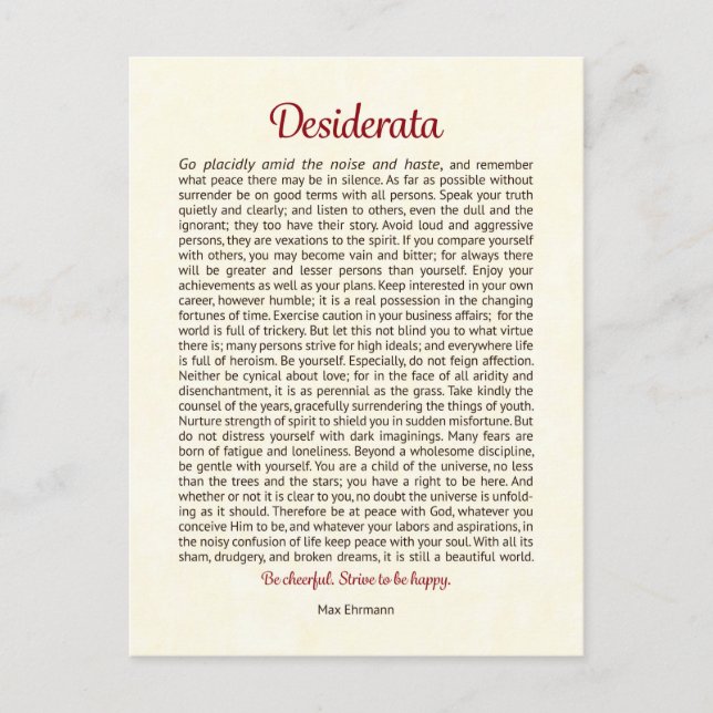 Desiderata-vykort Vykort (Framsida)