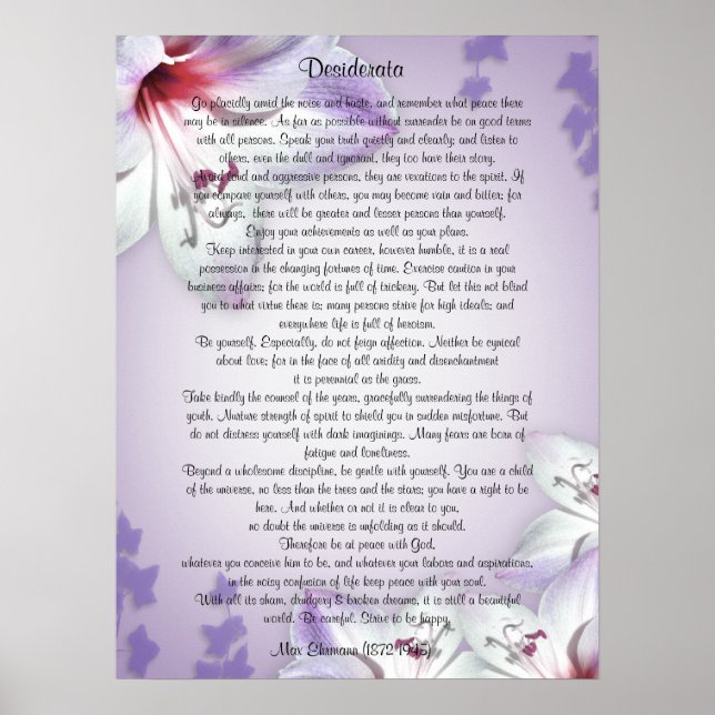 Desiderata "want sak", prose blommigt poster (Framsidan)