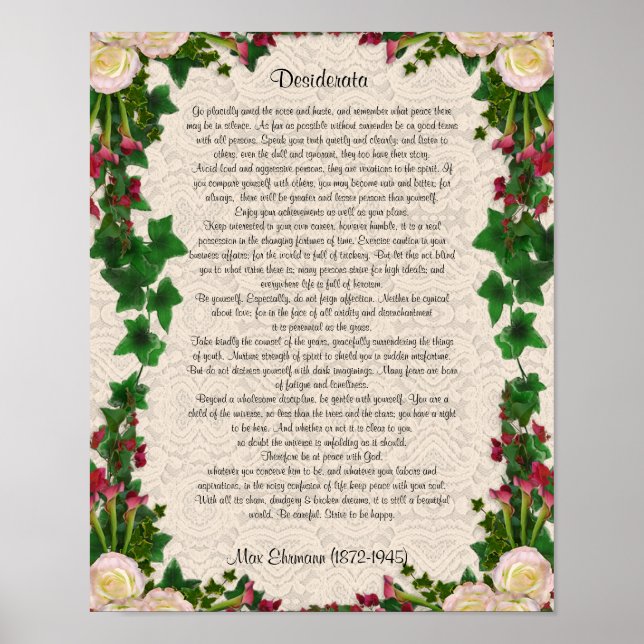 Desiderata "want sak", prose exotic blommor poster (Framsidan)