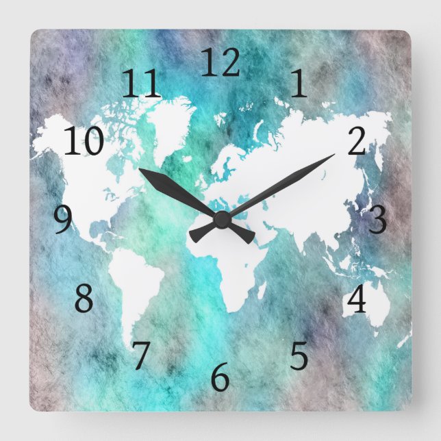 Design 62 World map aqua turquise Fyrkantig Klocka (Framsida)