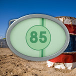 Design 85 in green on mint green with stripes<br><div class="desc">This design could be a reference to a year or a date of birth. That would be about 40 years ago. Nice! 
But it could also simply be a cool retro design.</div>