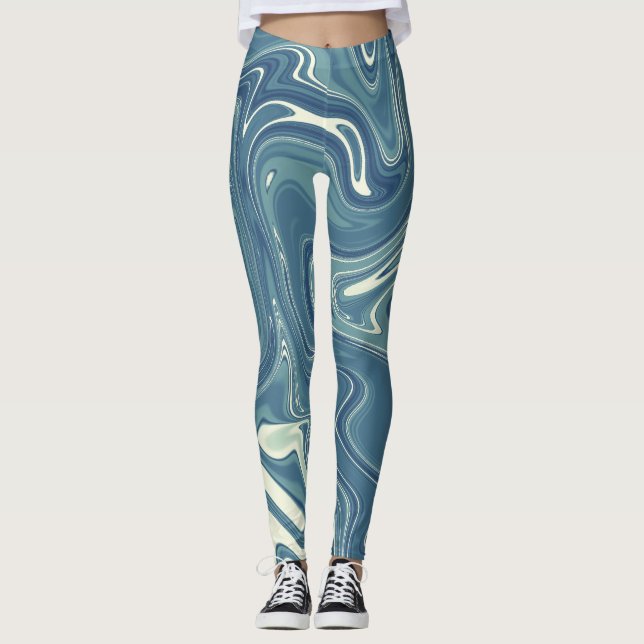 design av blått och grått fluid färg mönster leggings (Framsida)