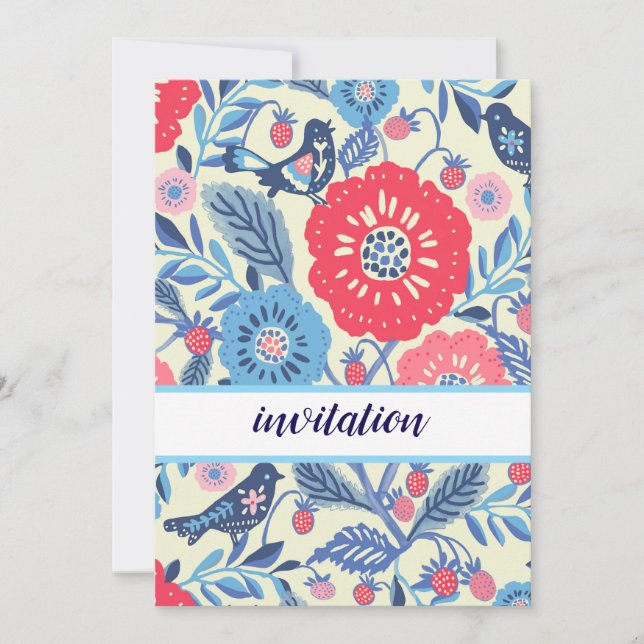 design av folkfåglar och jordgubbar inbjudningar (Framsida)