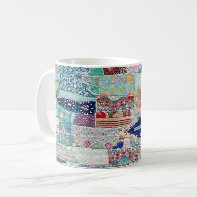 Design för Aqua och Blue Quilt Tapestry Kaffemugg (Framsida vänster)