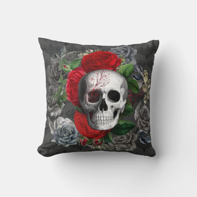 Design för Blommigten Gothic Skull Red Grått Ro Kudde (Framsida)