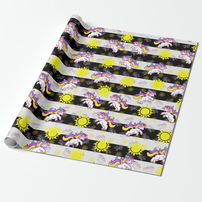 Design för Cute Black White Sunny Unicorn Rand Presentpapper (Utrullad)