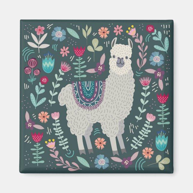 Design för Cute Llama-Blommigten Magnet (Framsidan)