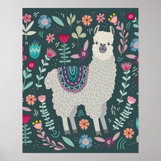 Design för Cute Llama-Blommigten Poster (Framsidan)