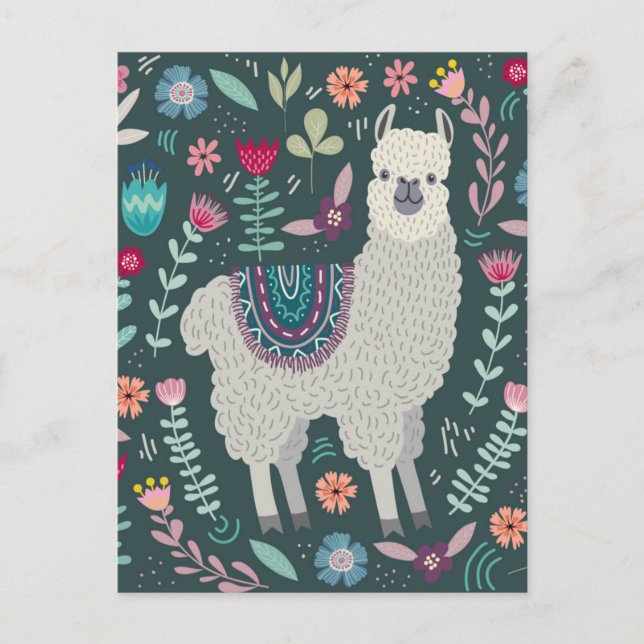 Design för Cute Llama-Blommigten Vykort (Framsida)