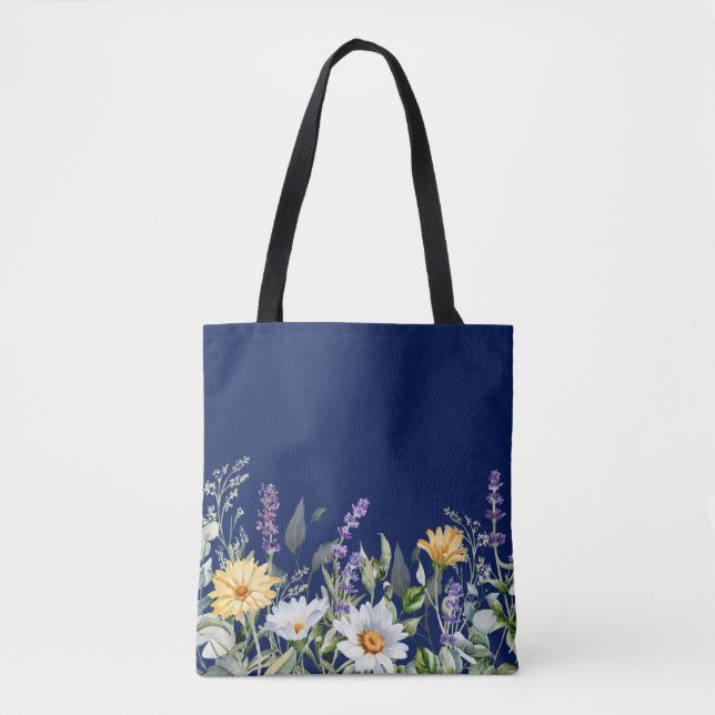 Design för Cute Navy Blue Boho Wildblomma Tygkasse (Framsida)