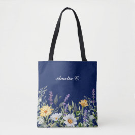 Design för Cute Navy Blue Boho Wildblomma Tygkasse