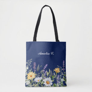 Design för Cute Navy Blue Boho Wildblomma Tygkasse