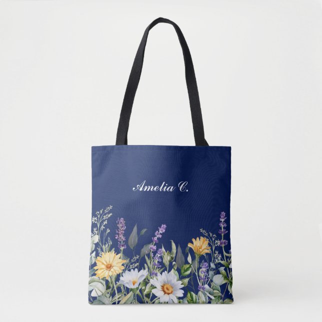 Design för Cute Navy Blue Boho Wildblomma Tygkasse (Framsida)