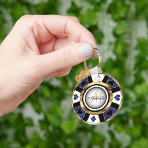 Design för guld och Blå Poker Chip - Monogram Nyckelring