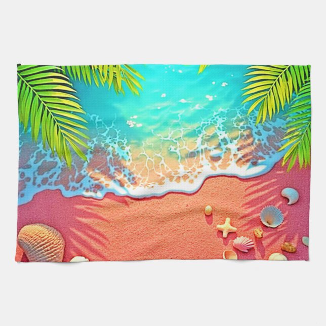 Design för rosa sandstrandparadis kökshandduk (Horisontell)