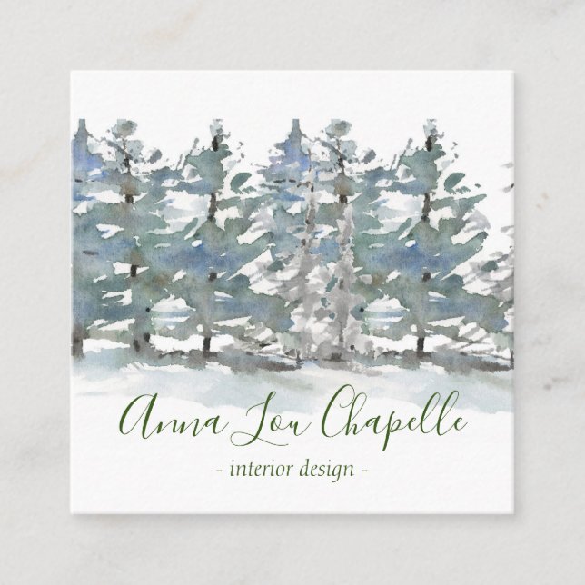 Design för vattenfärgskogträd fyrkantigt visitkort (Framsida)