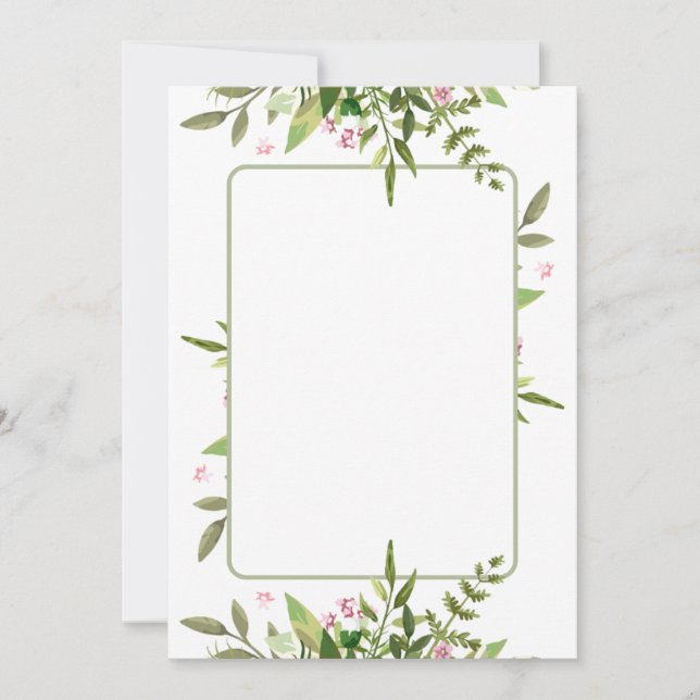 Design med olivgrön bladspray rosa blommor inbjudningar (Framsida)