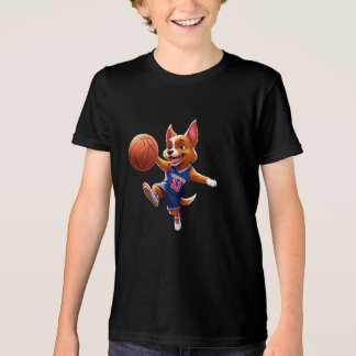 Design of a dog playing basketball t shirt