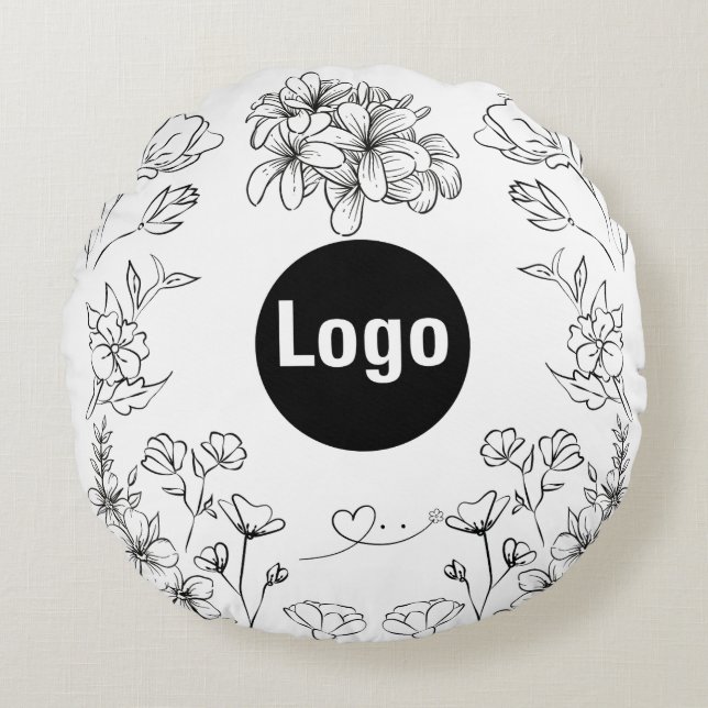 Design Pillow för svartvitt blommor Rund Kudde (Framsidan)