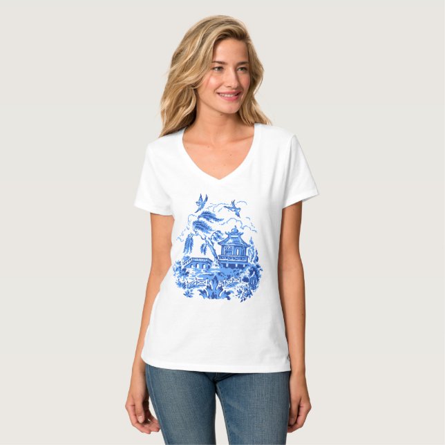 Design V för pil för blått- & vitchinablått T Shirt (Hel framsida)