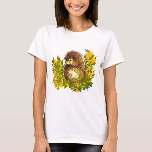 Designad för Cute Hedgehog Springtime Vatten Färg T Shirt (Framsida)