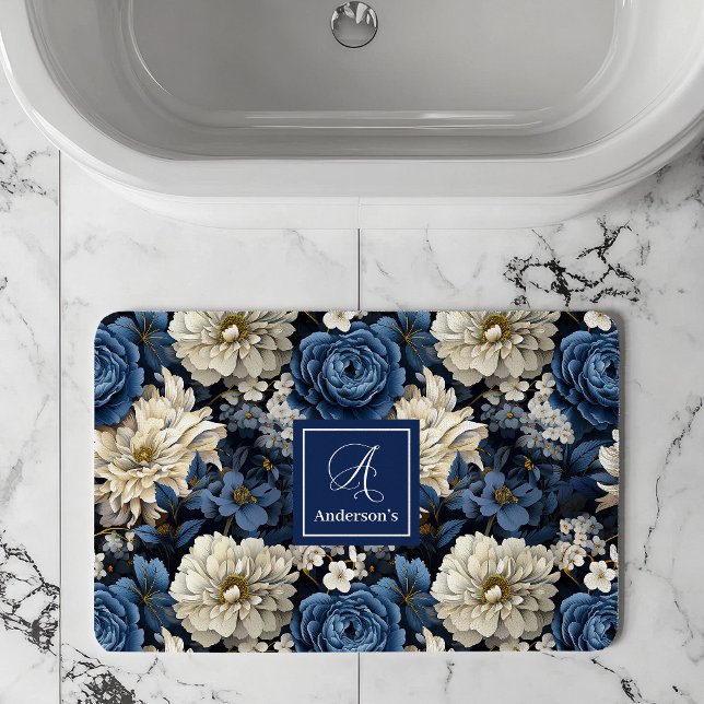 Designer Blå Blommor Personlig Badmatta Badrumsmatta (Designer Blue Flowers Personalized Bath Mat)