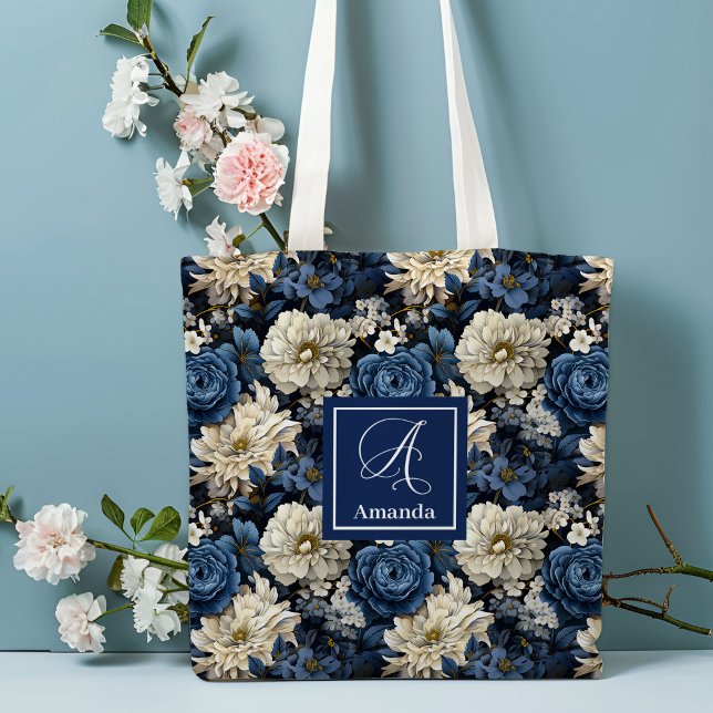 Designer Blå Blommor Personlig Toteväska Tygkasse (Designer Blue Flowers Personalized Tote Bag)