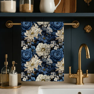 Designer Blå Elfenbensfärgad Blommig Chic Kökshand Kökshandduk