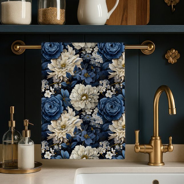 Designer Blå Elfenbensfärgad Blommig Chic Kökshand Kökshandduk (Designer Blue Ivory Floral Chic Kitchen Towel)