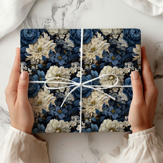 Designer Blå Elfenbensfärgad Blommig Elegant Prese Presentpapper