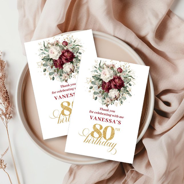 Designer Blush Burgundy 80-års födelsedags tack Kort (Designer Blush Burgundy 80th Birthday Thank You Card)