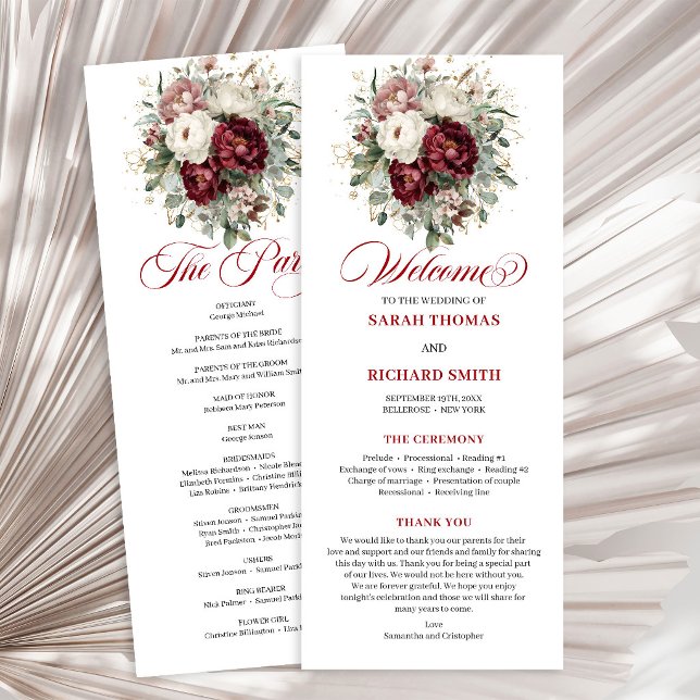 Designer Blush Burgundy Guld Bröllopsprogram Program (Designer Blush Burgundy Gold Wedding Program)