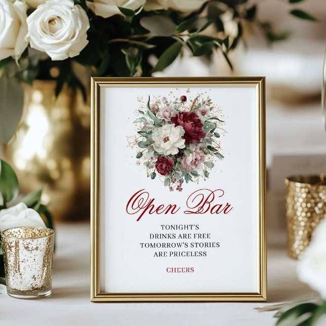 Designer Blush Burgundy Öppen Bar Bordskylt Poster (Designer Blush Burgundy Open Bar Tabletop)