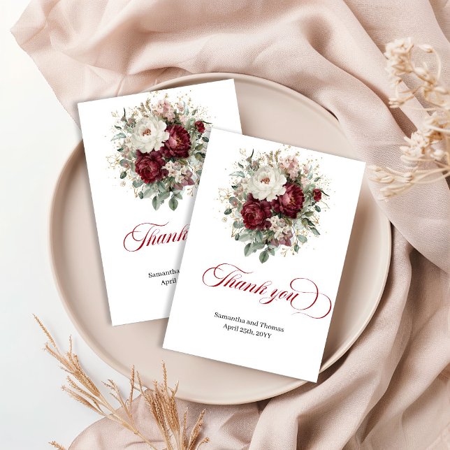 Designer Bohemsk Burgunder Blommig Tacksamhetskort Tack Kort (Designer Bohemian Burgundy Floral Thank You Card)