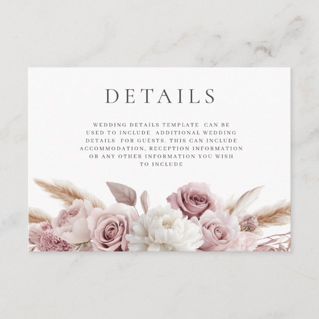 Designer Boho Blush Blommig Bröllopsdetalj Tilläggskort (Framsida)