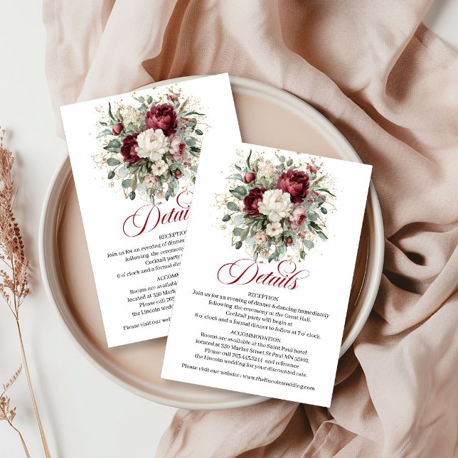 Designer Boho Burgund Blommor Grönt Guld Tilläggskort (Designer Bohemian Burgundy Floral Greenery Gold Info Card)
