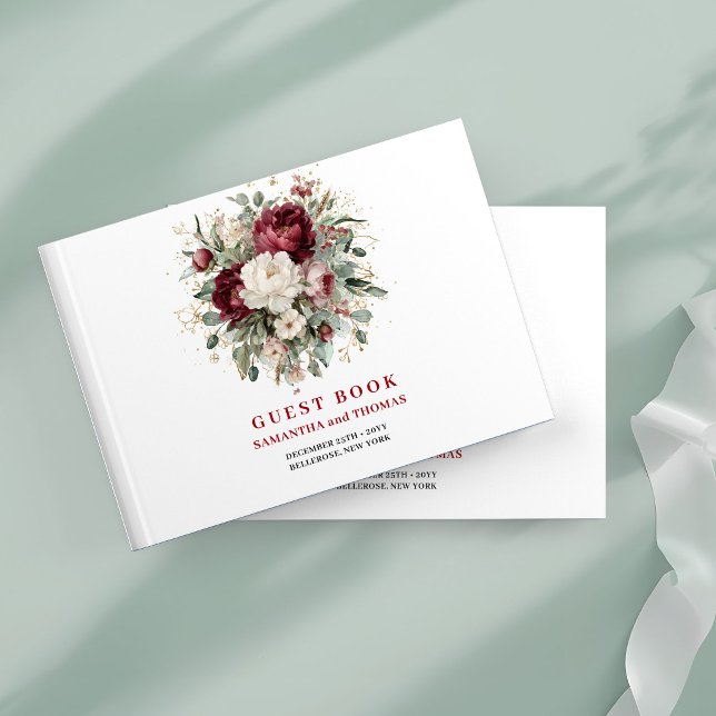 Designer Boho Burgunder Blommig Grönska Guld Gäst Gästböcker (Designer Boho Burgundy Floral Greenery Gold Guest Book)