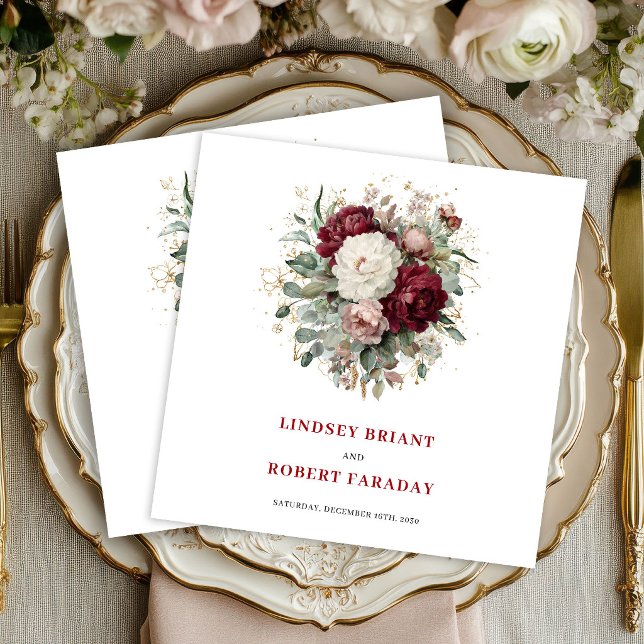 Designer Boho Marsala Blommig Grönt Guld Servetter (Designer Boho Marsala Floral Greenery Gold Napkins)