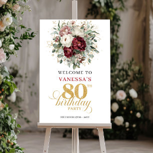 Designer Bourgogne Blommig 80-års Födelsedagsvälko Poster